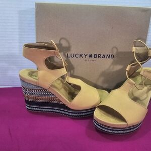 Lucky Brand Camel/Tan Leather Lace-Up Striped Platform Wedge Sandals